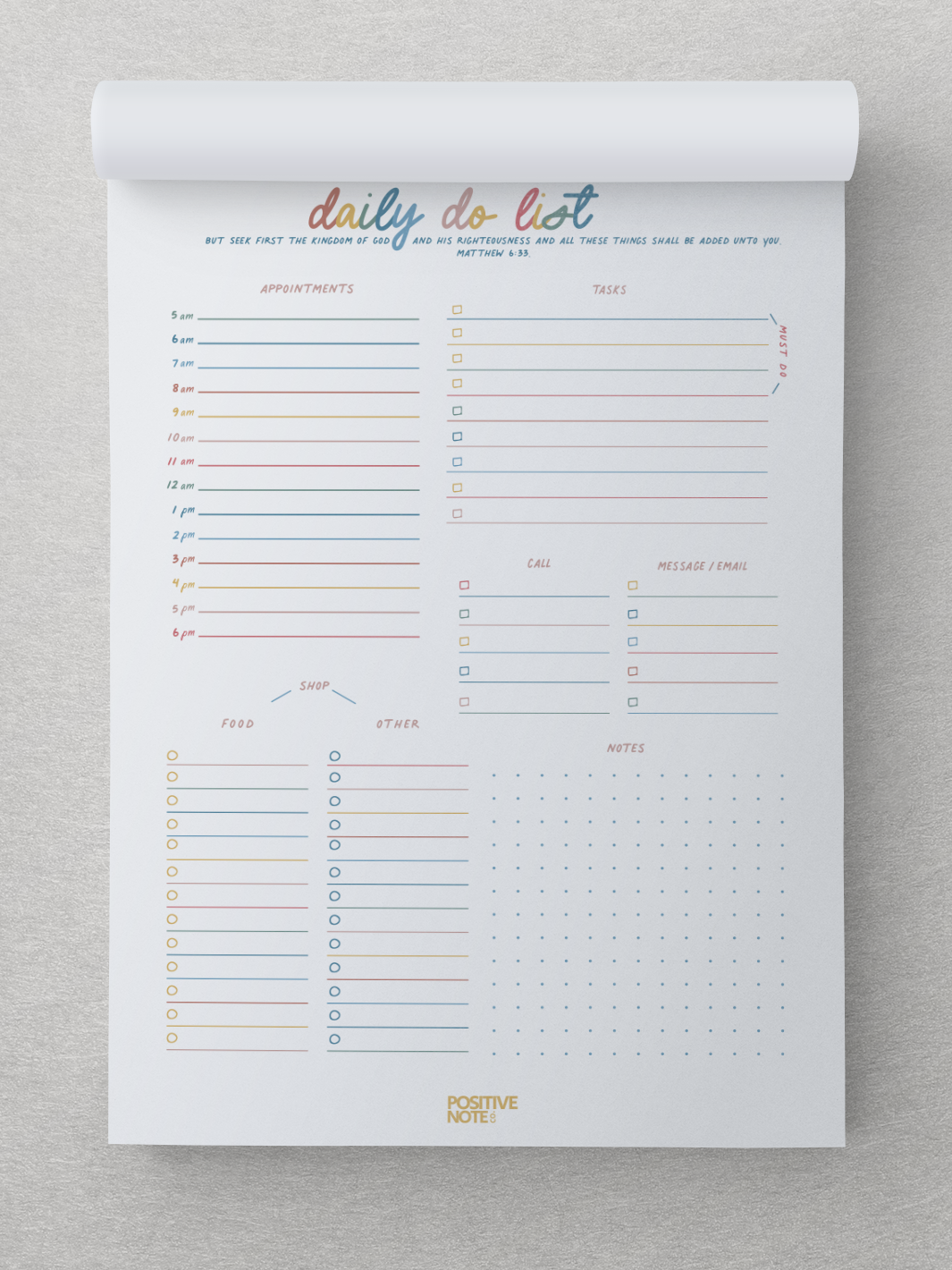 A notepad reads Daily Do List in cursive boho rainbow font at the top. A bible verse is under the title.  The christian daily planner notepad has a place for appointments, tasks, notes, calls, messages and emails and shopping lists.